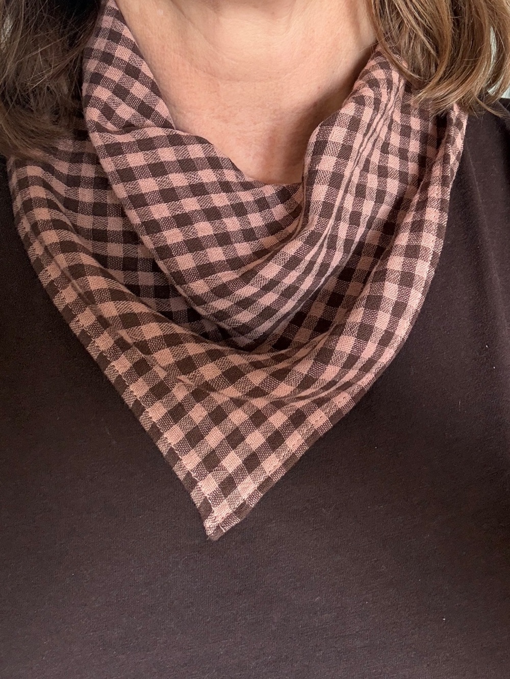 Hand Crafted Pink and Brown Gingham Headscarf - Picture 2 of 4